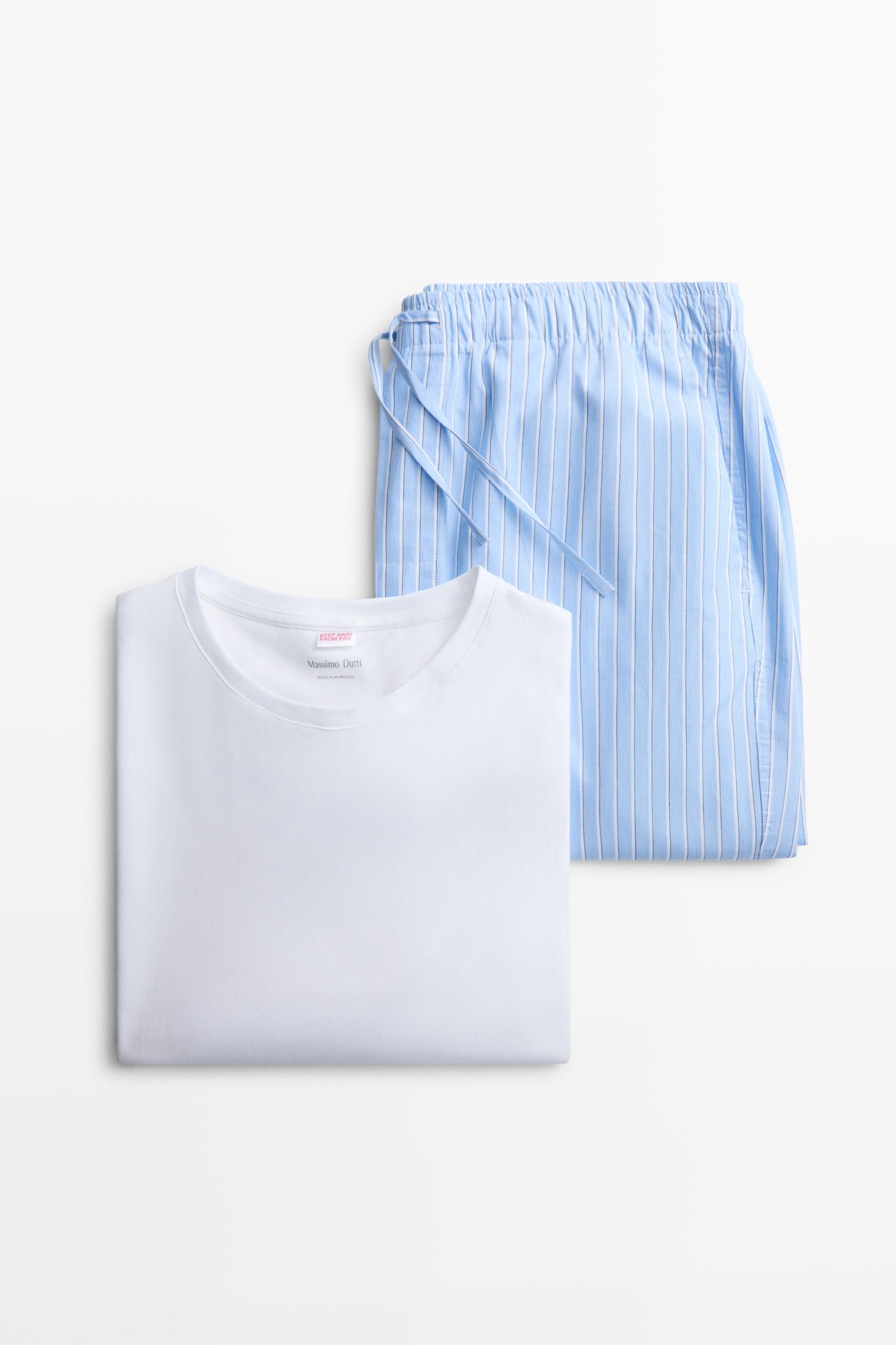 Short sleeve pyjama top and striped trousers